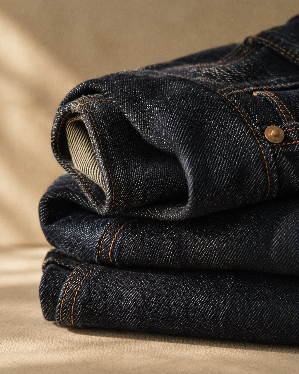 Folded dark indigo denim showing twill texture and copper stitching